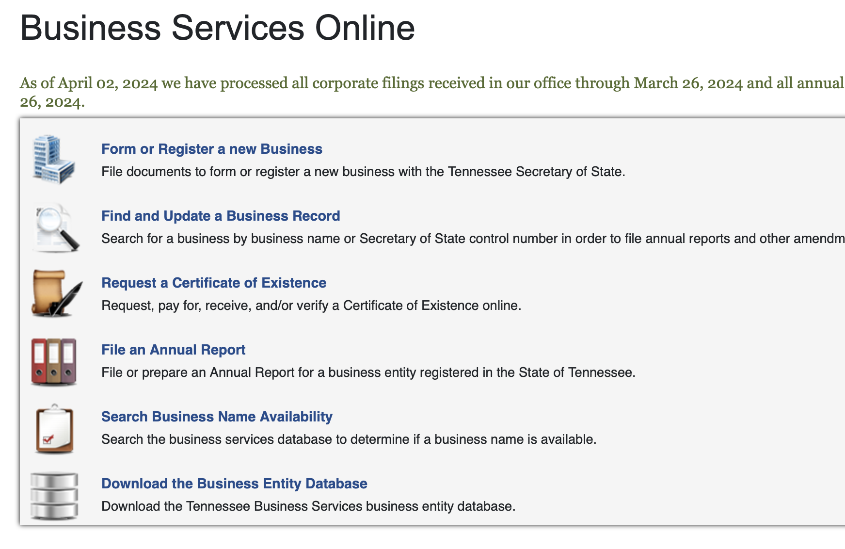 Screenshot of Tennessee Secretary of State website where you can search business name availability.